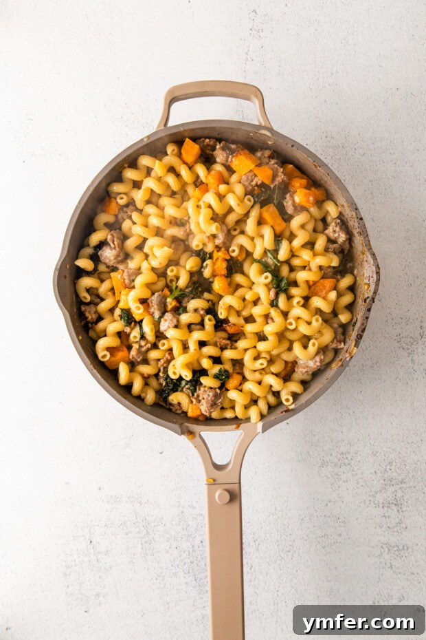 Autumn Butternut Squash Sausage Pasta 6 Butternut Squash Sausage Pasta simmering in a large skillet, with the creamy sauce coating the pasta and ingredients.