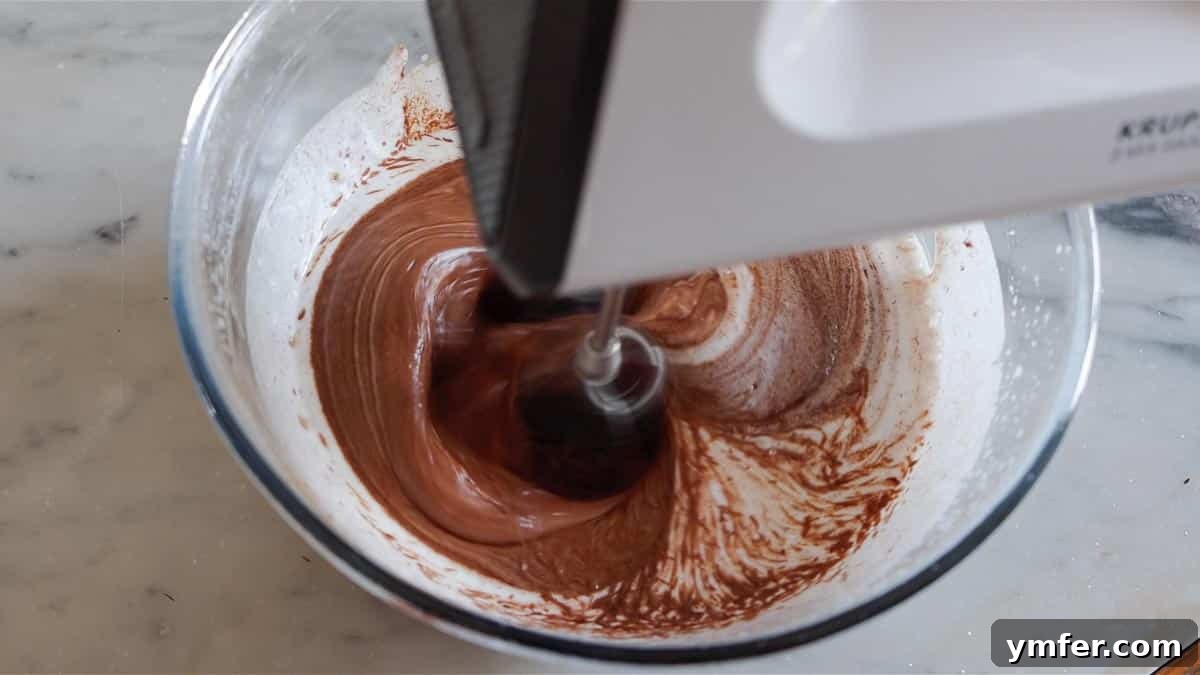 Decadent Chocolate Brownie Cake 13 Mixing the melted chocolate into the aquafaba mixture with a hand mixer until smooth