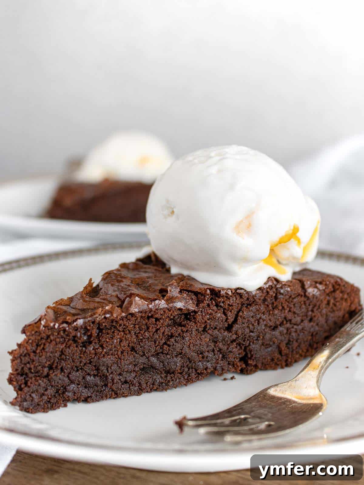 Decadent Chocolate Brownie Cake 4 Close up of a slice of vegan brownie cake showing its moist, fudgy and rich texture