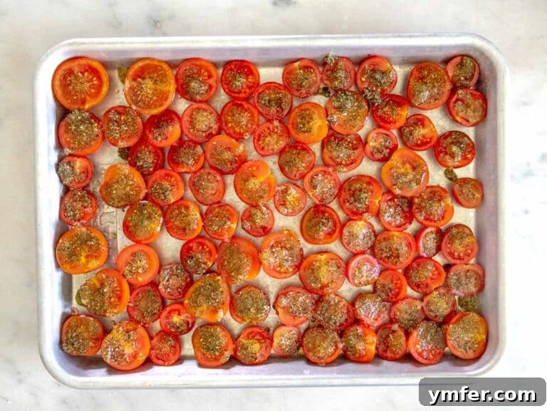 Slow-Roasted Tomato Jewels 12 cherry tomatoes seasoned with olive oil, garlic, and sugar.
