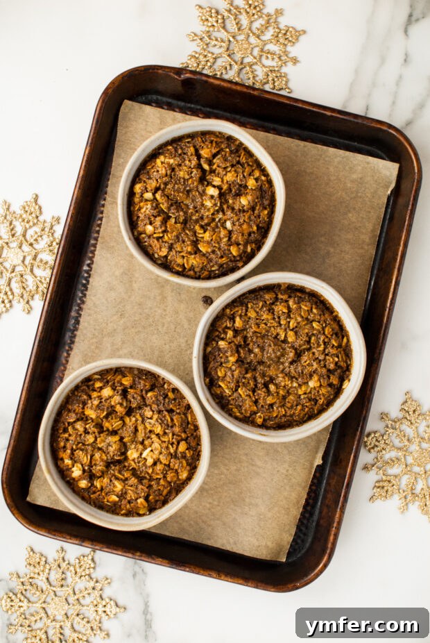 Cozy Gingerbread Oat Bake 9 Baked Gingerbread Oatmeal in individual serving bowls, fresh from the oven.