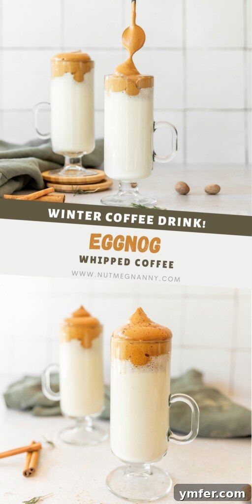 Velvet Eggnog Coffee Indulgence 8 Eggnog Whipped Coffee pin for Pinterest, showcasing the festive drink with a holiday background.
