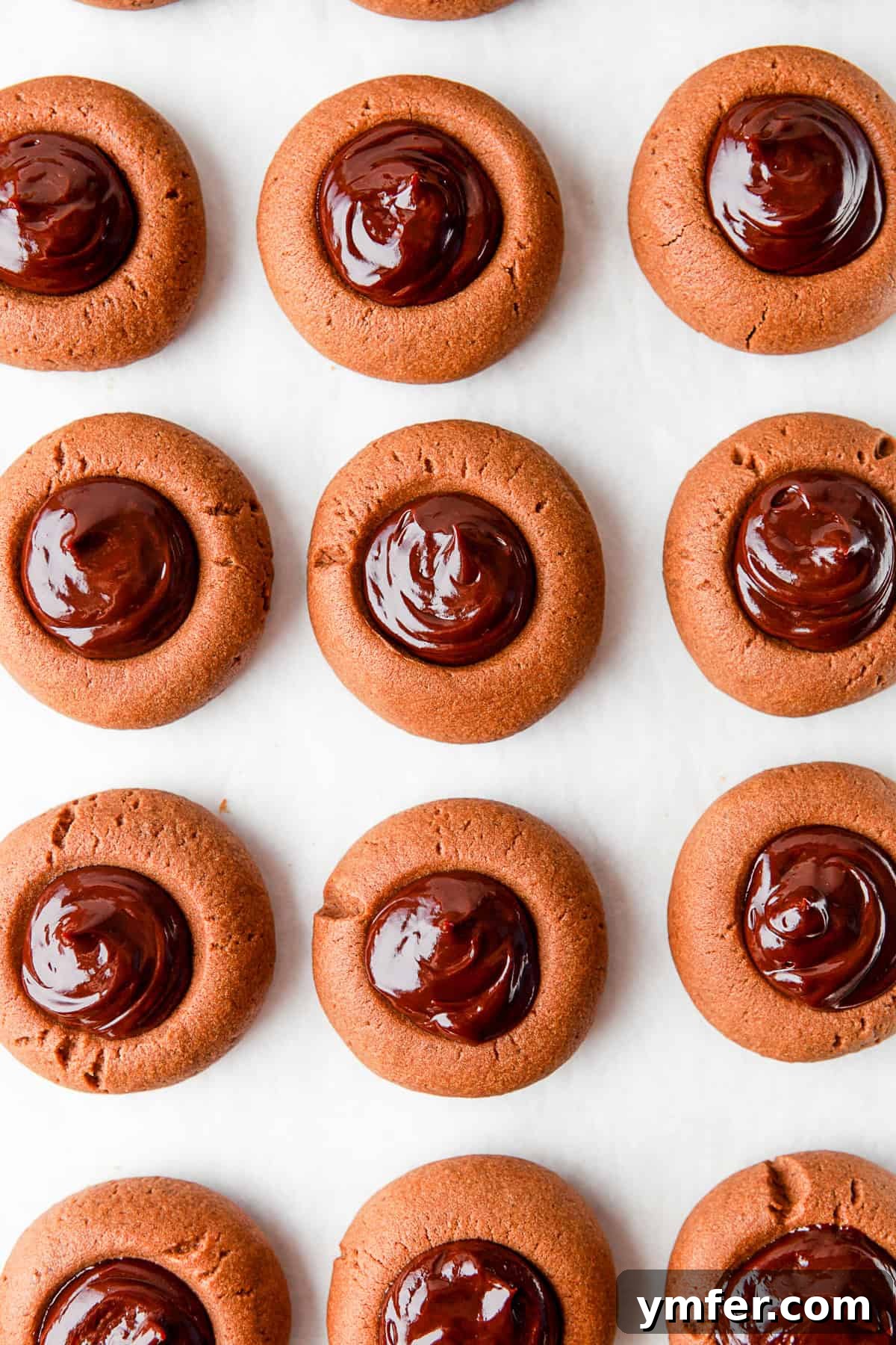 Rich Double Chocolate Thumbprint Gems 4 A neat row of finished Double Chocolate Thumbprint Cookies, each filled with gleaming ganache, suggesting readiness for serving or packaging.