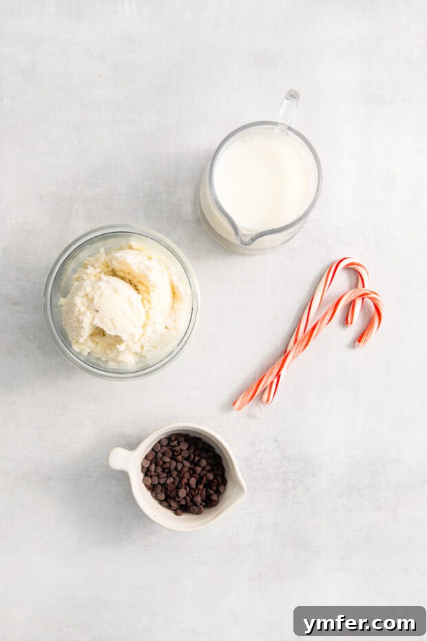 Candy Cane Crunch Milkshake 3 Ice cream, milk, candy canes, and chocolate chips sitting on a table.