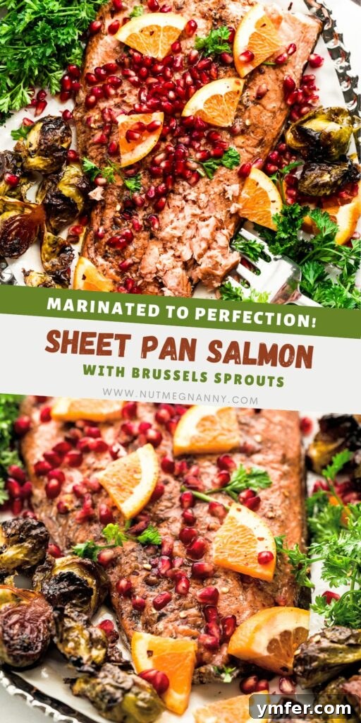 Simple Sheet Pan Marinated Salmon Dinner 9 Pinterest graphic featuring Marinated Sheet Pan Salmon with Brussels sprouts and pomegranate seeds, perfect for pinning.