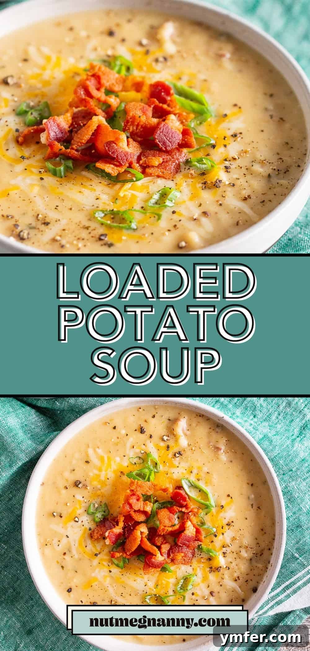 Hearty Loaded Potato Chowder 9 A tall Pinterest pin image showcasing Loaded Baked Potato Soup with toppings.