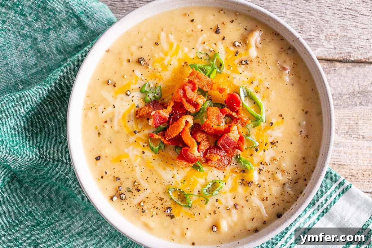 Hearty Loaded Potato Chowder 7 A beautifully presented ceramic bowl of loaded baked potato soup, generously topped with crispy bacon, shredded cheese, green onions, and a dollop of sour cream.
