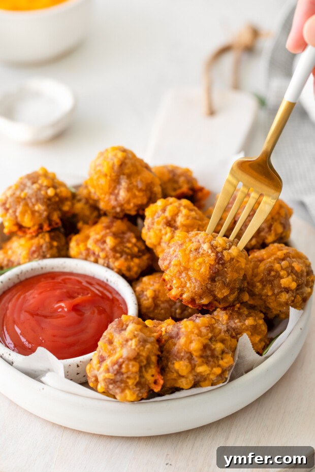 Cheesy Sausage Bites 6 A fork picking up a golden brown Sausage Cheese Ball, showing its inviting texture and readiness to be enjoyed.