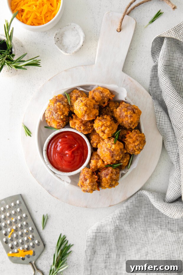 Cheesy Sausage Bites 7 A bowl of baked Sausage Cheese Balls served elegantly on a wooden platter, ready to be enjoyed.