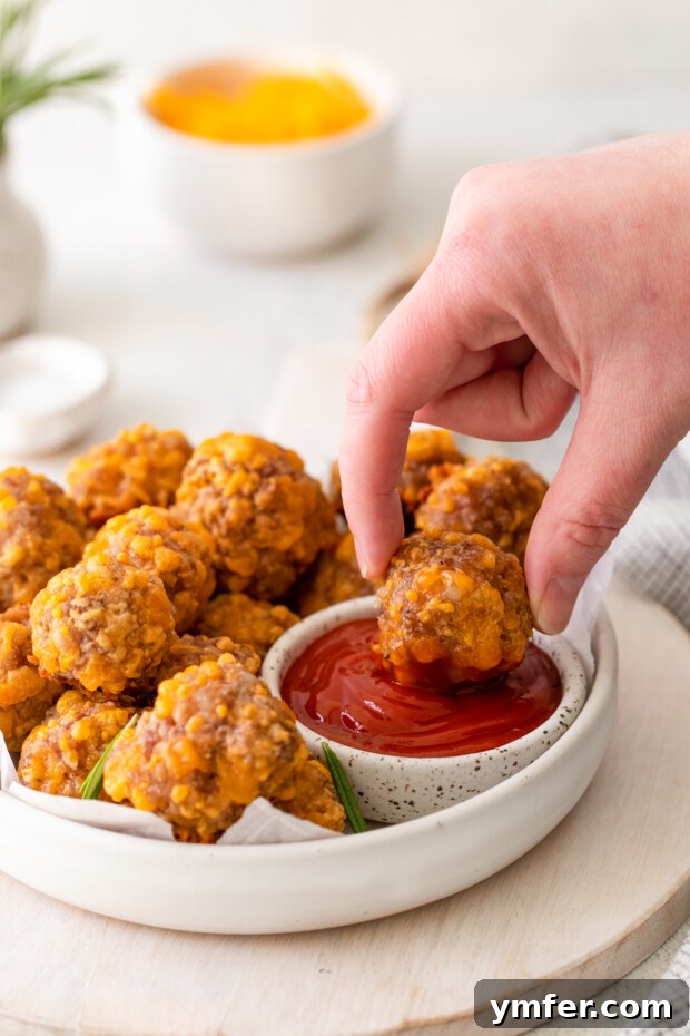 Cheesy Sausage Bites 8 A Sausage Cheese Ball being dipped into a dollop of ketchup, highlighting a popular serving suggestion.