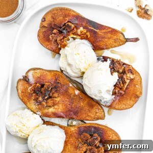 Baked pears, golden brown and tender, ready to serve.