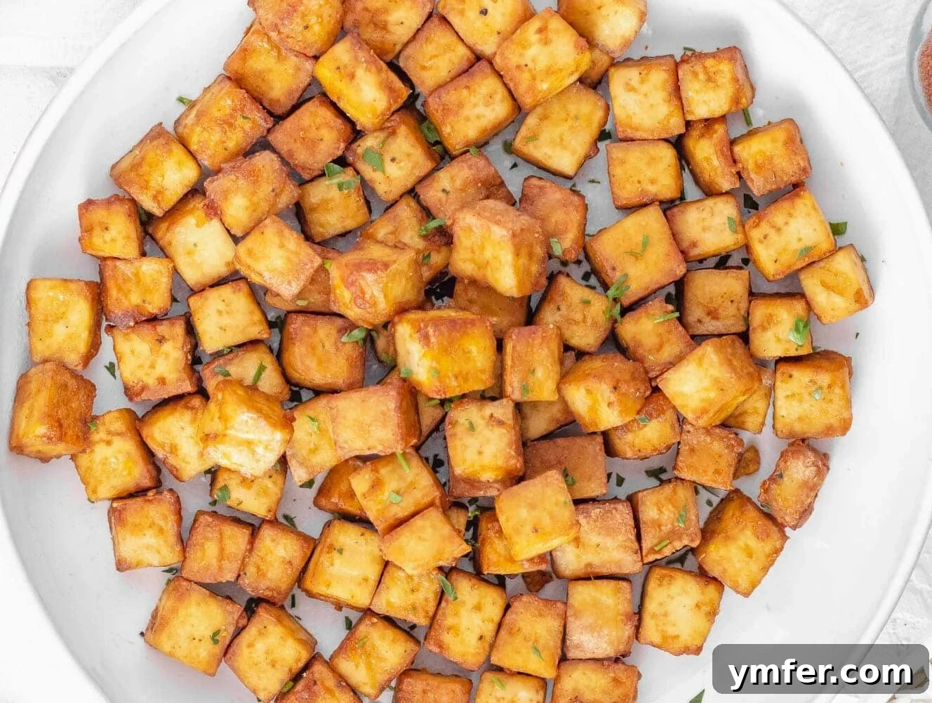 The Forager's Tofu Cacciatore 17 A plate featuring perfectly crispy air-fried tofu, golden and ready to be incorporated into a dish.