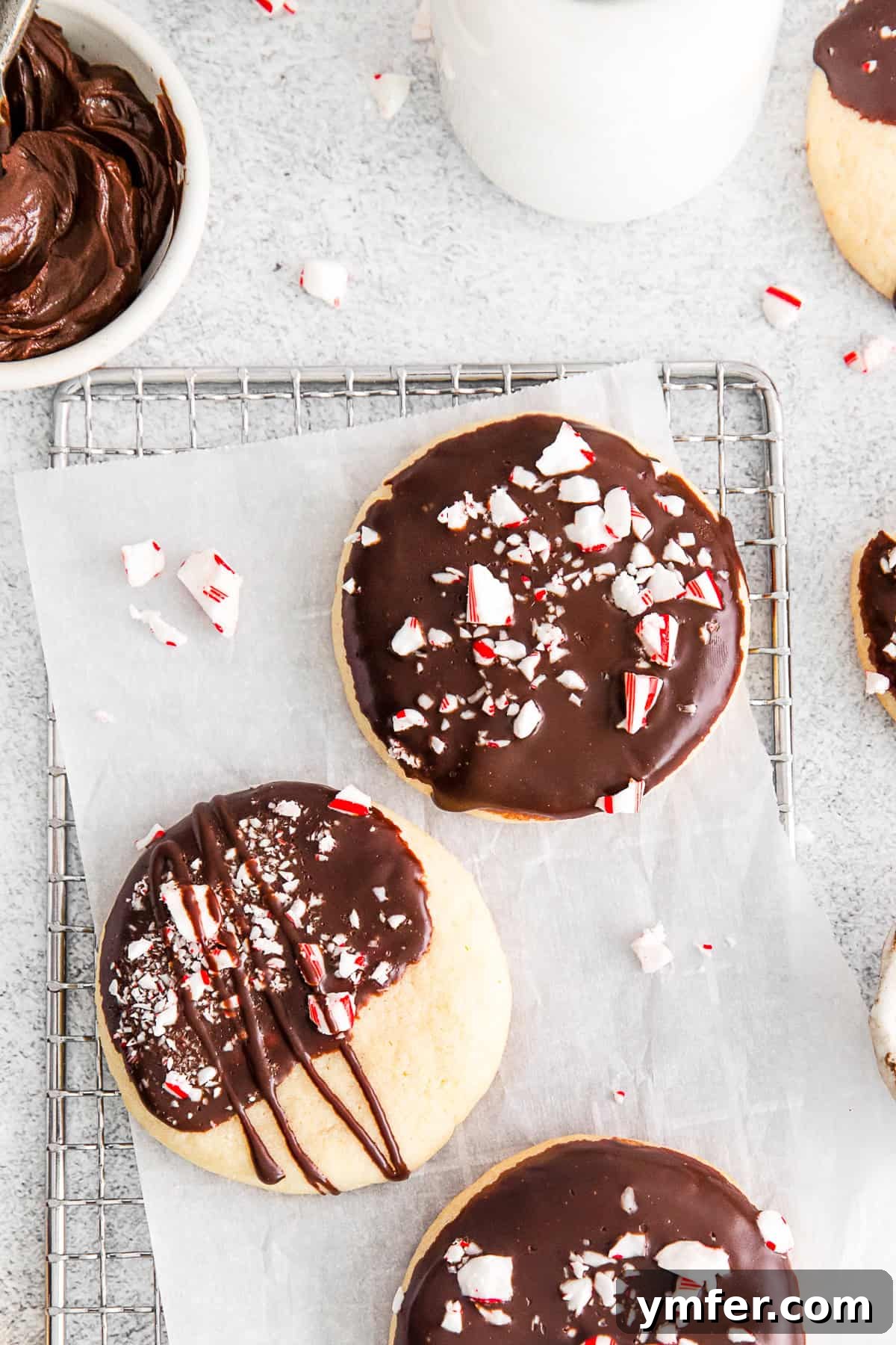 Cool Mint Chocolate Shortbread Delights 6 Peppermint Bark Shortbread Cookies cooling on a wire rack.