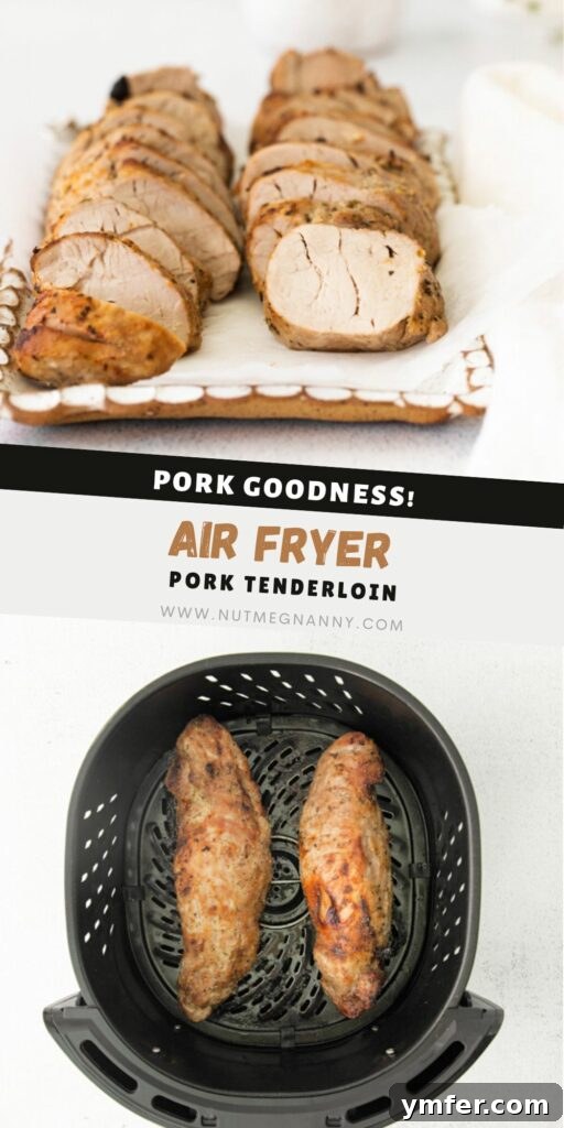 Perfect Air Fryer Pork Tenderloin 12 Air Fryer Pork Tenderloin pin for Pinterest, featuring a perfectly cooked tenderloin slice.