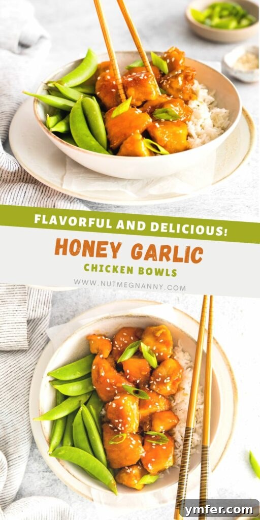 Sticky Honey Garlic Chicken Bowls 11 Honey Garlic Chicken Bowls Pinterest pin graphic, a delicious and quick chicken dinner idea.