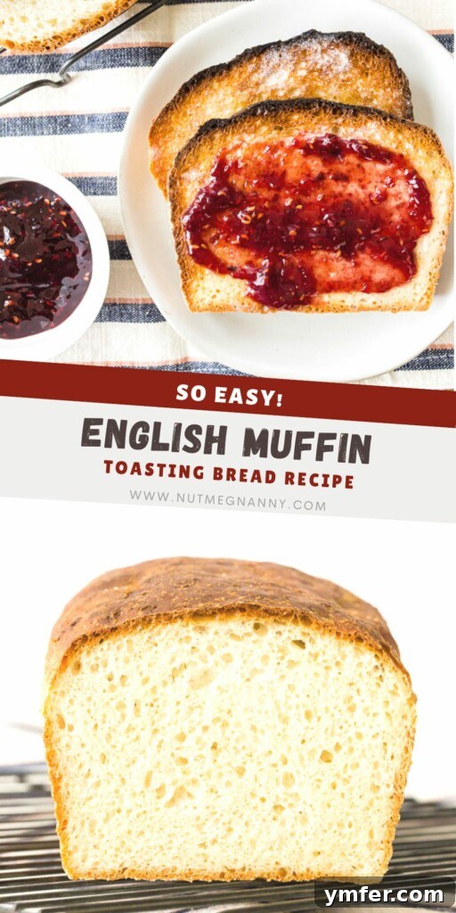 Classic English Muffin Toast Loaf 8 English Muffin Toasting Bread pin for Pinterest. A full loaf and a slice on a wooden board.