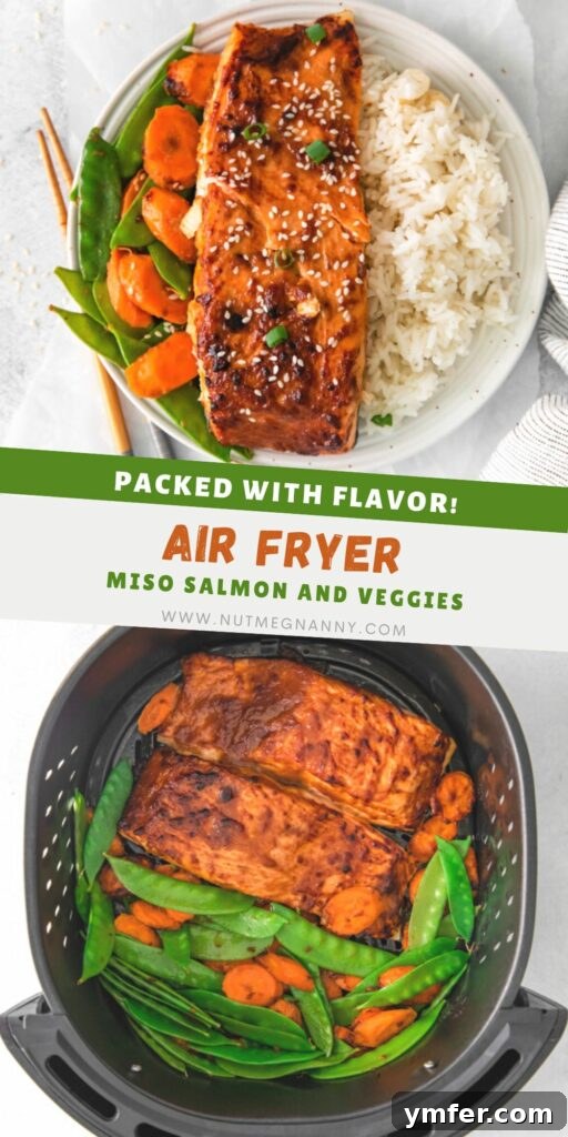 Air Fried Miso-Glazed Salmon 10 Air Fryer Miso Salmon Pinterest pin image showing the cooked salmon dish.