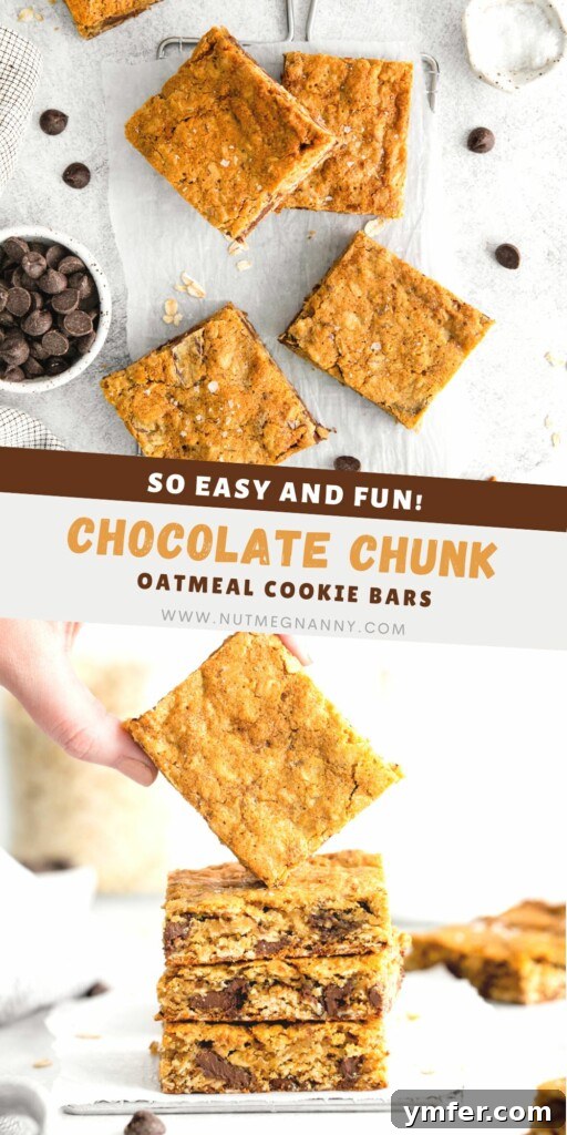 Ultimate Chocolate Chunk Oatmeal Bars 10 Large image of Chocolate Chunk Oatmeal Cookie Bars for Pinterest, highlighting their delicious appearance.
