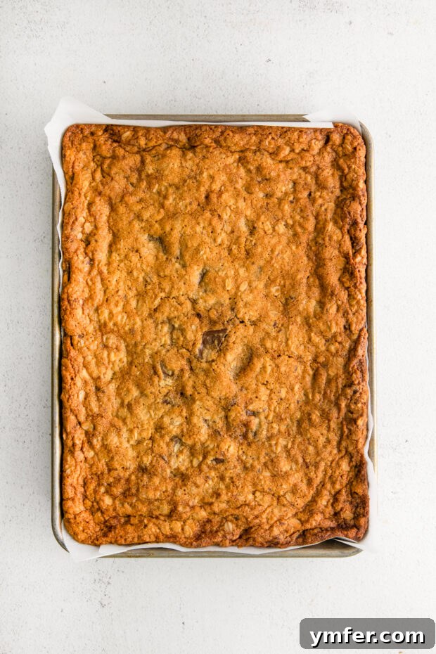 Ultimate Chocolate Chunk Oatmeal Bars 5 Freshly baked Chocolate Chunk Oatmeal Cookie Bars, golden brown and perfectly set in a quarter sheet pan.