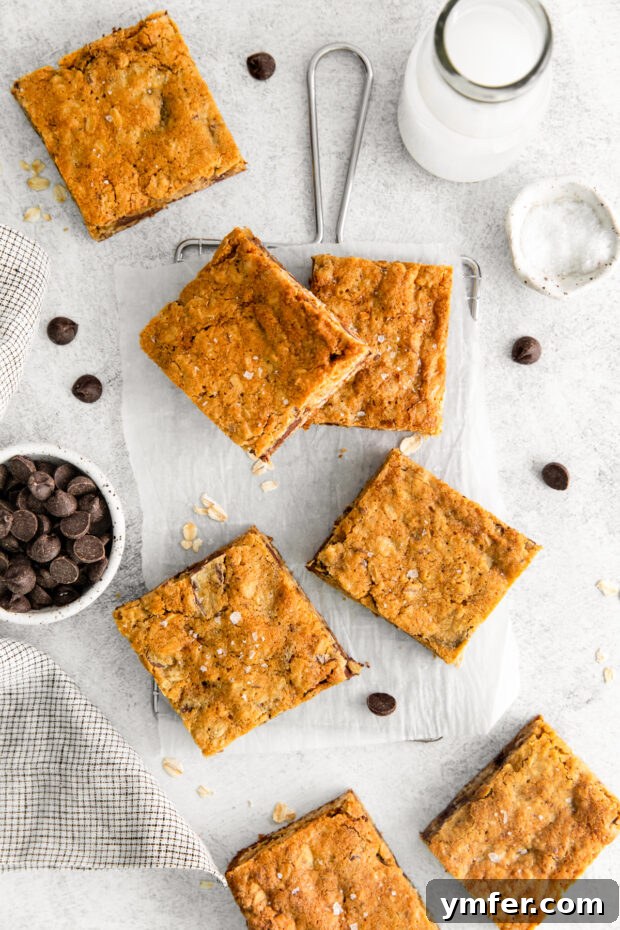 Ultimate Chocolate Chunk Oatmeal Bars 7 Delicious oatmeal cookie bars cooling on parchment paper after baking.