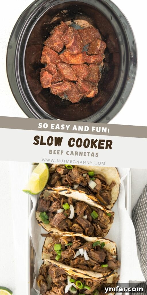Melt-in-Your-Mouth Slow Cooker Beef Barbacoa 8 Pinterest Pin featuring a delicious image of Slow Cooker Beef Barbacoa, emphasizing its tender and flavorful qualities, with a call to save the recipe.