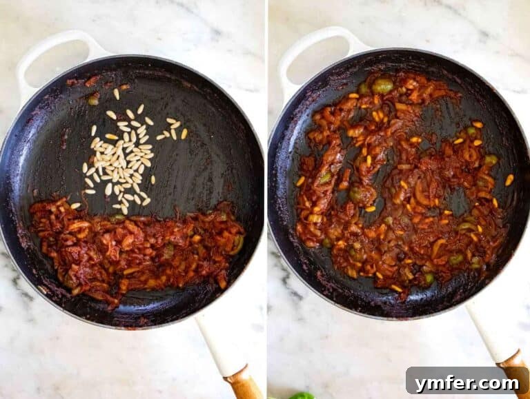 Wholesome Eggplant Caponata 16 Pine nuts toasting in pan.