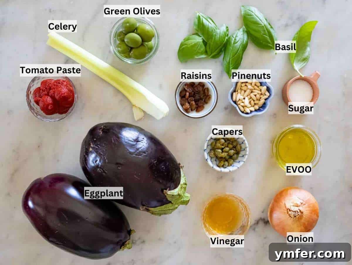 Wholesome Eggplant Caponata 4 Ingredients for authentic Sicilian caponata recipe, including eggplants, celery, onion, tomato paste, olives, raisins, and pine nuts.