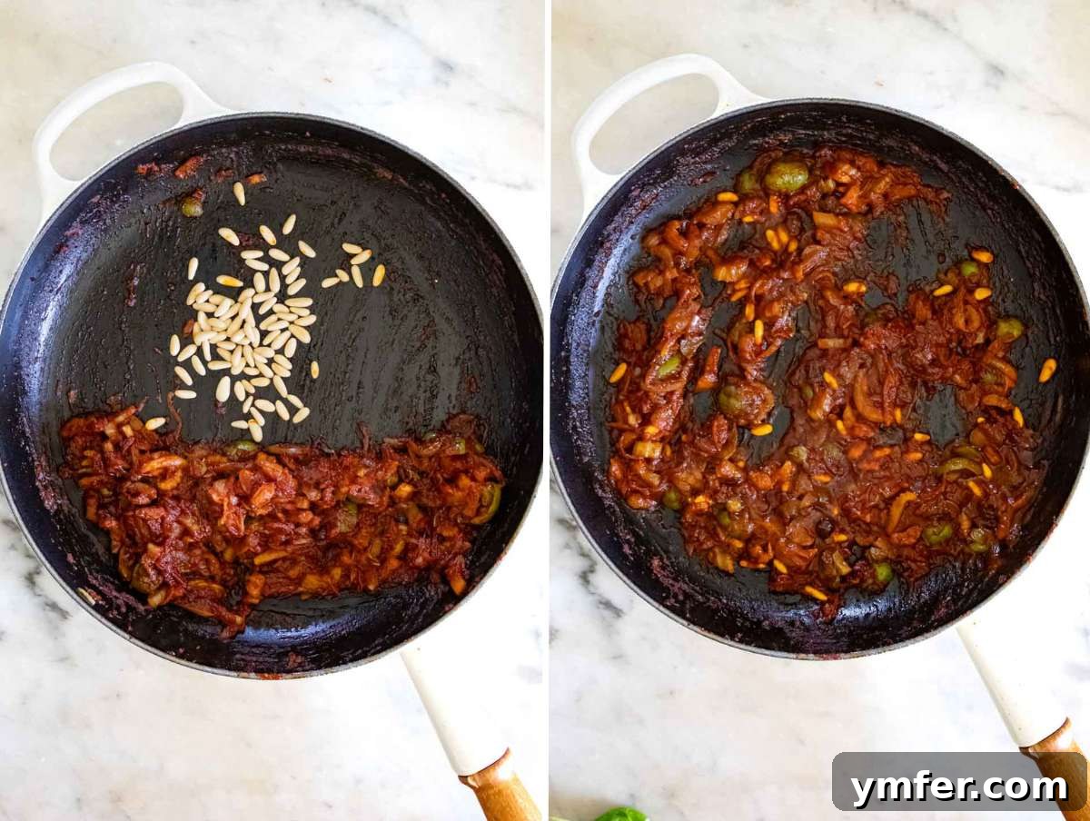 Wholesome Eggplant Caponata 9 Pine nuts toasting in pan.