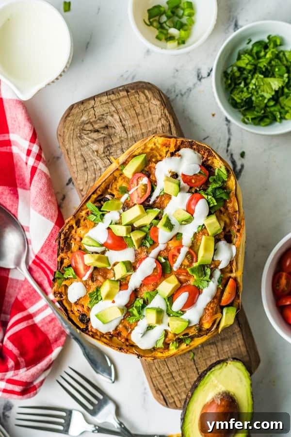 Zesty Southwestern Air Fryer Spaghetti Squash 2 Air Fryer Southwest Spaghetti Squash topped with avocado, cilantro, and sour cream. A vibrant and healthy dinner.
