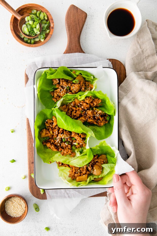 Savory Chicken Lettuce Cups 7 A dish of P.F. Chang's Chicken Lettuce Wraps filling with a small bowl of sesame seeds for topping.