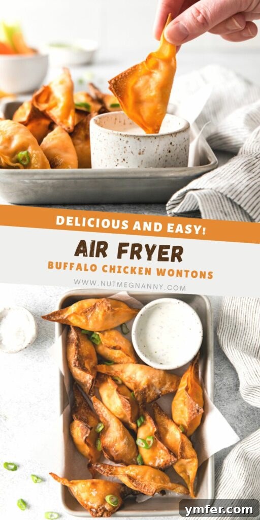 Crispy Air Fried Buffalo Wonton Poppers 12 Air Fryer Buffalo Chicken Wontons pin for Pinterest.