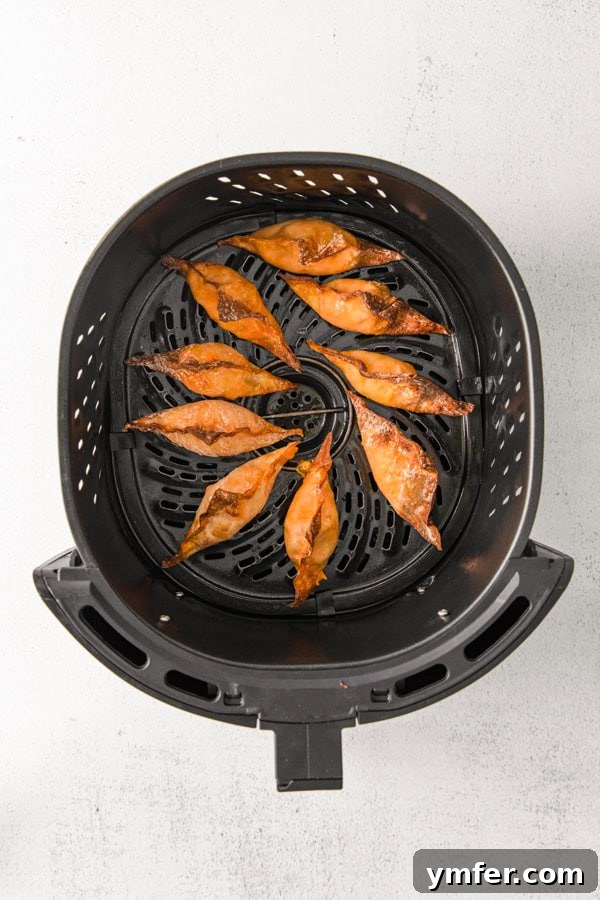 Crispy Air Fried Buffalo Wonton Poppers 5 Air Fryer Buffalo Chicken Wontons cooked in an air fryer basket.