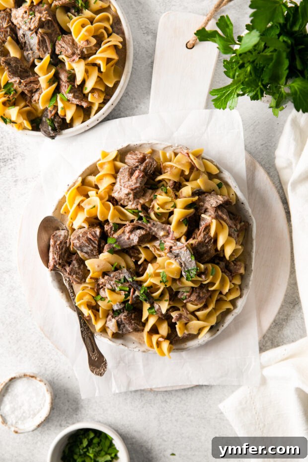 Hearty Creamy Slow Cooker Beef Stroganoff 2 Slow Cooker Beef Stroganoff on a plate.