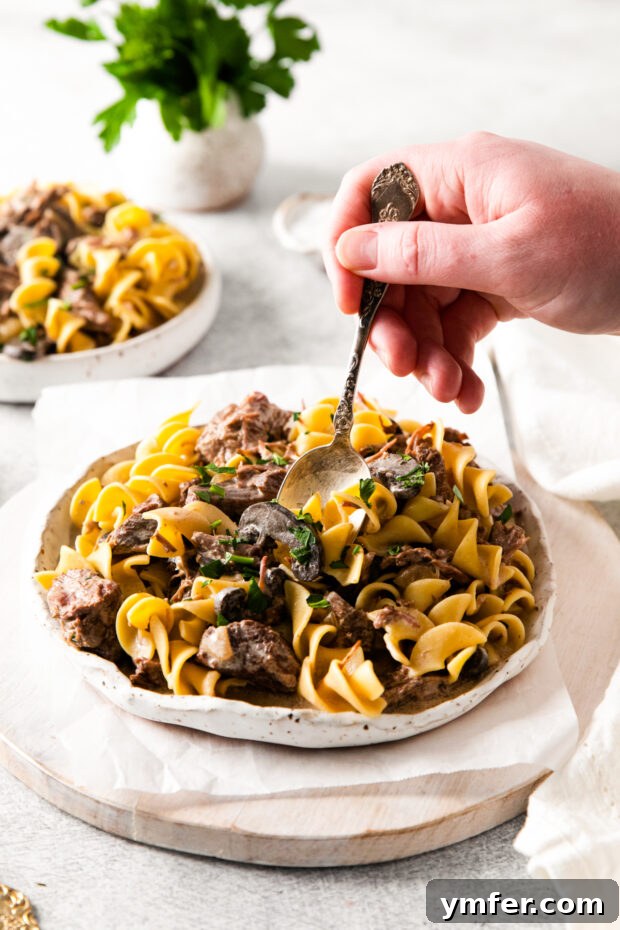 Hearty Creamy Slow Cooker Beef Stroganoff 5 Slow Cooker Beef Stroganoff served with noodles on a plate.
