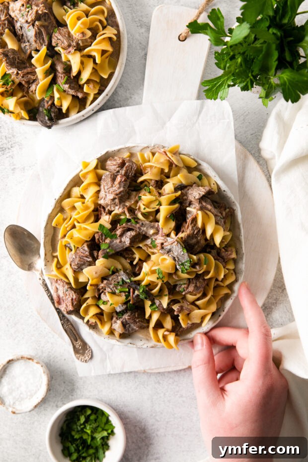 Hearty Creamy Slow Cooker Beef Stroganoff 6 A hand holding a plate of Slow Cooker Beef Stroganoff.