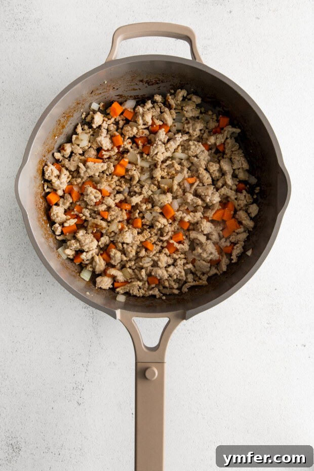 Umami Chicken Ramen Stir Fry 5 Ground chicken and vegetables mixed together in a skillet.