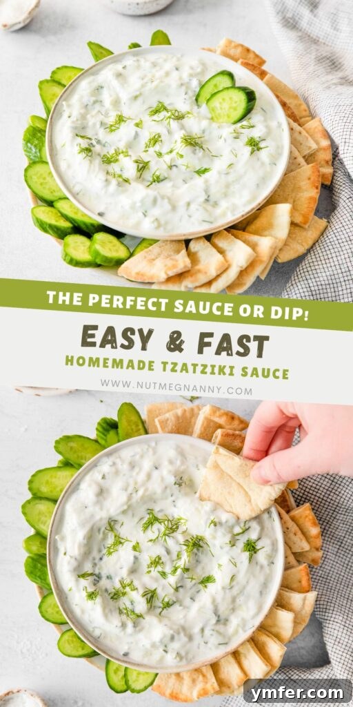 Refreshing Cucumber Yogurt Dip 11 A vibrant Pinterest pin image for Tzatziki Sauce, featuring the dip alongside fresh ingredients and serving suggestions.