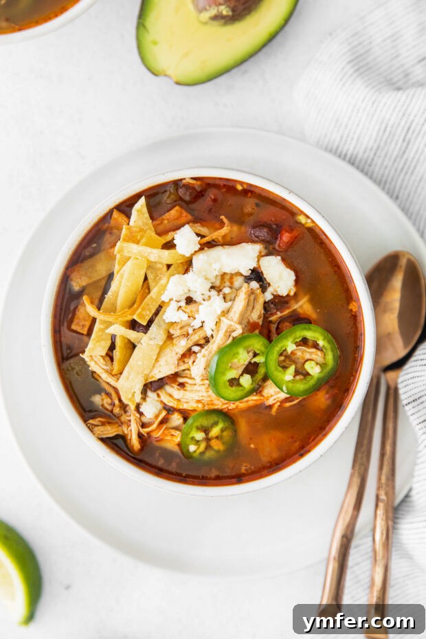 Zesty Instant Pot Chicken Tortilla Soup 2 A bowl of Instant Pot Chicken Tortilla Soup generously topped with shredded cheese and crispy tortilla strips, ready to be enjoyed.