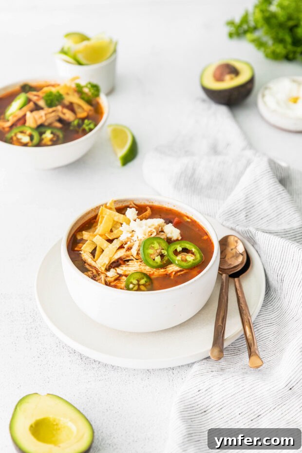 Zesty Instant Pot Chicken Tortilla Soup 6 A bowl of Instant Pot Chicken Tortilla Soup served with a fresh lime wedge for garnish.