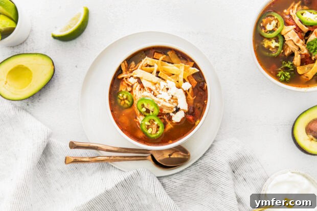 Zesty Instant Pot Chicken Tortilla Soup 7 A rustic presentation of Instant Pot Chicken Tortilla Soup in a bowl on a white textured table.