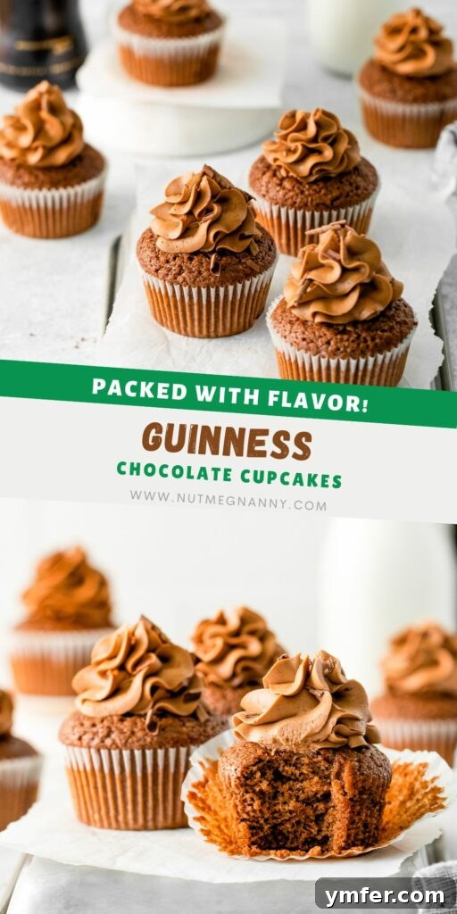 Velvet Stout Chocolate Cupcakes 13 A stunning vertical pin image for Chocolate Guinness Cupcakes, perfect for sharing on Pinterest.