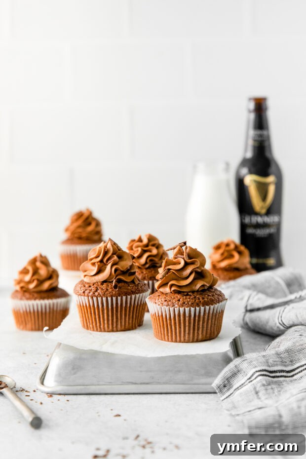 Velvet Stout Chocolate Cupcakes 10 An inviting display of Chocolate Guinness Cupcakes, beautifully frosted and ready to be served.