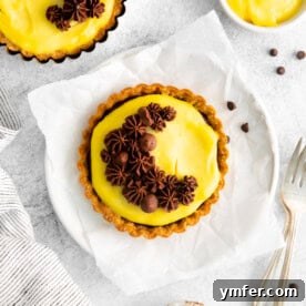 Finished Boston Cream Pie Tarts ready to be served, topped with chocolate.