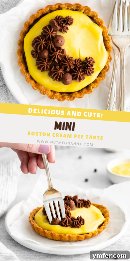 Mini Boston Cream Delights 13 Boston Cream Pie Tarts pin for Pinterest, showcasing the final dessert.