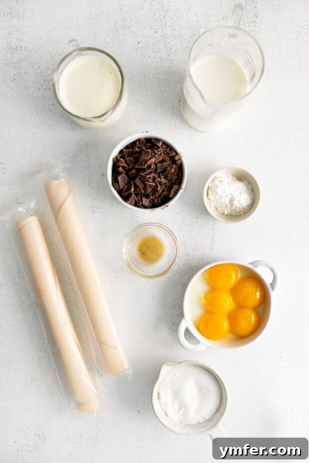 Mini Boston Cream Delights 3 Ingredients for Boston Cream Pie Tarts neatly arranged on a rustic wooden table, showcasing milk, sugar, eggs, chocolate, and pie crust.