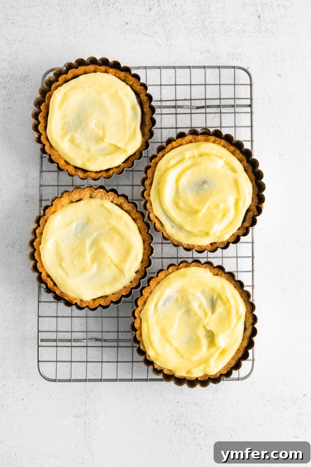 Mini Boston Cream Delights 7 Pie crusts already filled with luscious vanilla pastry cream, ready for the ganache topping.