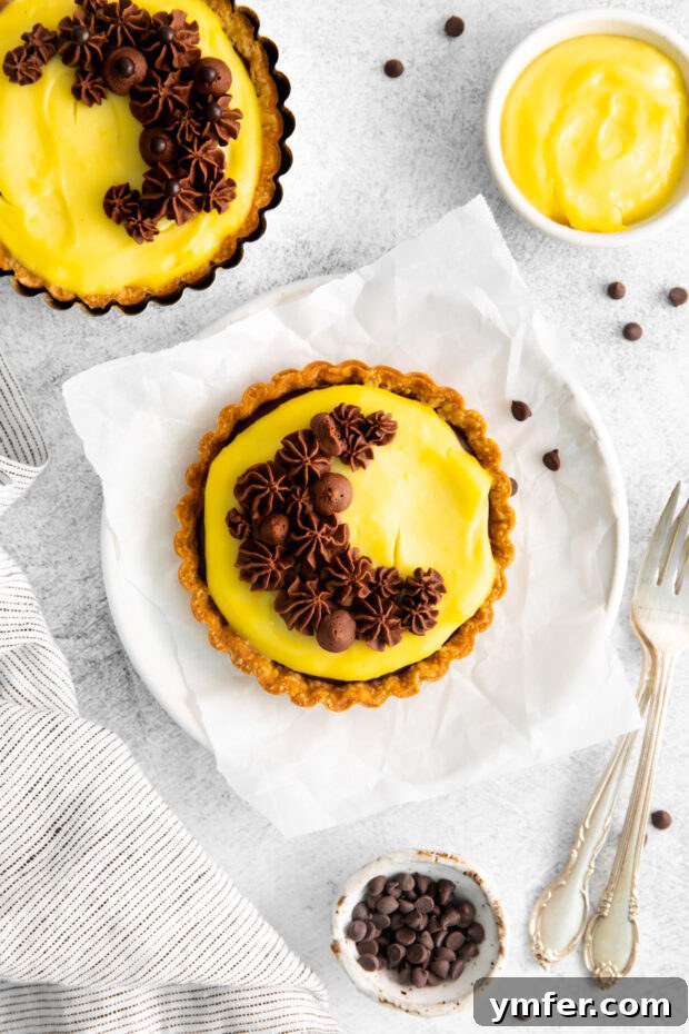 Mini Boston Cream Delights 10 Boston Cream Pie Tarts beautifully decorated with piped chocolate frosting, ready to be served.