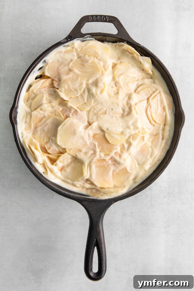 Ultimate Homemade Scalloped Potatoes 6 Uncooked scalloped potatoes layered in a skillet, covered with the creamy cheese sauce, ready for the oven.