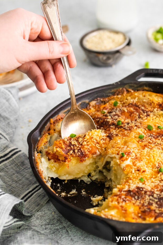 Ultimate Homemade Scalloped Potatoes 8 A serving spoon lifting a generous portion of homemade scalloped potatoes from a cast iron skillet, showcasing the layers of tender potato and creamy sauce.