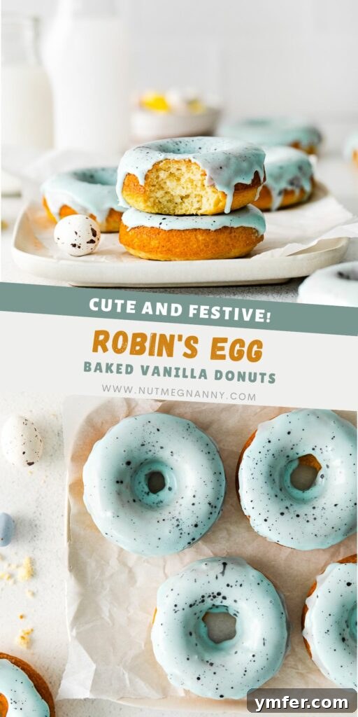 Robin's Egg Blue Baked Donuts 10 Robin's Egg Baked Donuts pin for Pinterest, featuring a stack of glazed donuts.